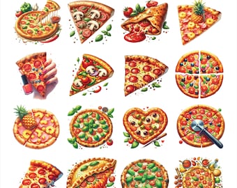 Watercolor Pizza Clipart Bundle: Food PNG, Printable Art (Digital Download, 300 DPI, 12x12 inches)