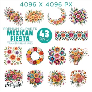 May include: A collection of colorful floral clip art designs. The image includes various arrangements, such as bouquets, wreaths, and borders, with vibrant flowers in shades of pink, orange, yellow, and blue. Text includes "Mexican Fiesta" and "¡Festéjala!"
