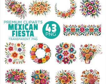 Mexican Fiesta Floral Clipart Bundle: Otomi Folk Art Flowers (PNG Digital Download)