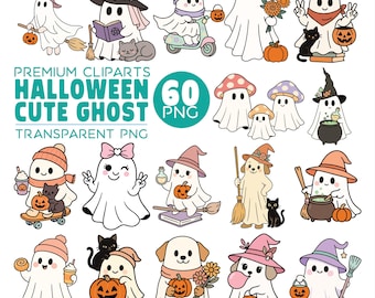 Lot de cliparts fantômes kawaii | Graphismes PNG Halloween (60 fichiers)