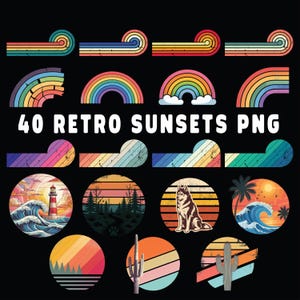 May include: A digital collection of 40 retro sunset PNG graphics featuring various designs including striped arches, rainbows, and circular scenes with a lighthouse, forest, husky dog, palm trees, and cacti in warm, muted vintage color palettes.