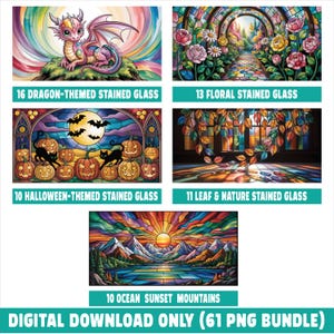 Puede incluir: Colección de diseños digitales de vidrieras con varios temas. Los diseños incluyen un dragón, arreglos florales, escenas de Halloween, escenas de la naturaleza con hojas y puestas de sol en el océano. Descarga digital.