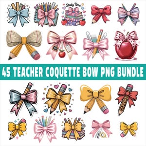 Puede incluir: Una colección de 45 imágenes PNG de lazos coquette con temática de profesores. Los lazos son de varios colores, incluyendo rosa, azul, amarillo y rojo, y presentan lápices, manzanas y libros. También está presente el texto "Study Time".