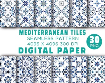 Blue Mediterranean Tile Seamless Patterns, Azulejo Scrapbook Paper (Digital Download)