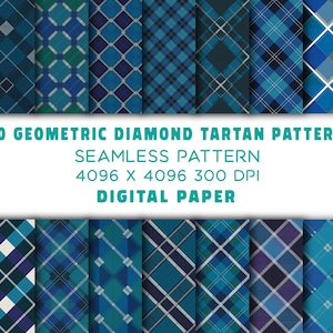 May include: A collection of 30 geometric diamond tartan patterns in shades of blue and teal. The image includes various seamless designs with diamond and plaid patterns. Text on the image reads "30 Geometric Diamond Tartan Pattern Seamless Pattern Digital Paper".