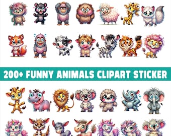 200+ Funny Animal Clipart PNG Bundle, Commercial Use (Digital Download)