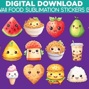 32 Kawaii Food Stickers Bundle | Cute Sublimation PNG | Digital Download | Cartoon Food Clipart | Kawaii Printable Stickers