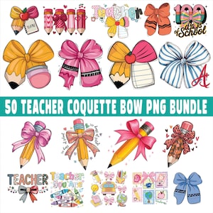 Może przedstawiać: Kolekcja kolorowych wzorów kokardek z ołówkami, jabłkami i napisem "Teacher". Obraz zawiera różne style kokardek, niektóre z tekstem "100 days of school". Obecna jest również fraza "50 Teacher Coquette Bow PNG Bundle".