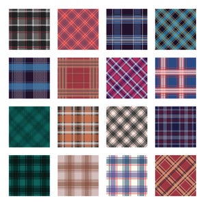 May include: Sixteen different plaid patterns in a grid arrangement. The patterns feature various color combinations, including red, blue, green, and brown, with intersecting lines creating a checkered design. The patterns are suitable for fabric or textile designs.