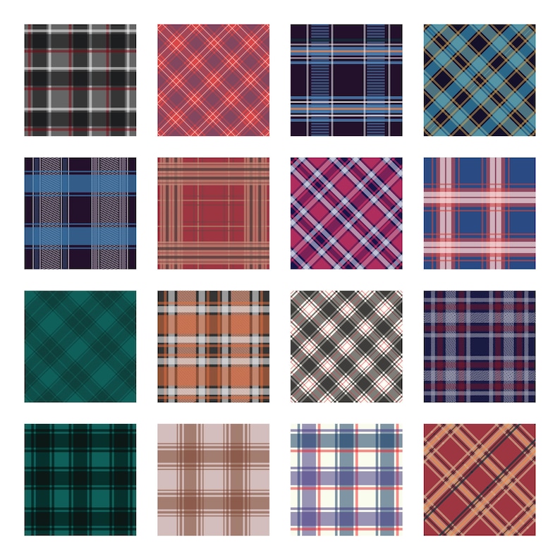 May include: Sixteen different plaid patterns in a grid arrangement. The patterns feature various color combinations, including red, blue, green, and brown, with intersecting lines creating a checkered design. The patterns are suitable for fabric or textile designs.