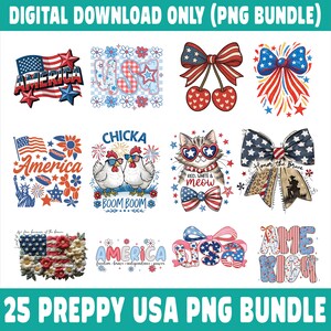 Paquete de 25 PNG de estilo preppy de EE. UU., diseños patrióticos de sublimación, PNG del 4 de julio, clipart retro de EE. UU., descarga digital, arte de la independencia estadounidense