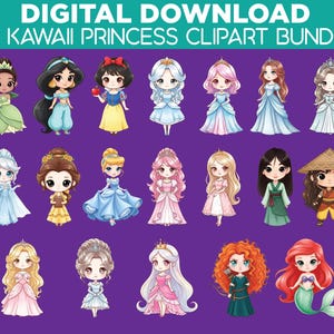 Pacchetto di 53 Clipart di principesse kawaii / Adesivi PNG di fiabe carine / Download digitale / Arte a sublimazione di principesse chibi / Set di clipart di ragazze