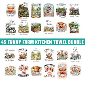 May include: A collection of 45 funny farm kitchen towels. Each towel features colorful illustrations of farm animals, vegetables, and text like "Good Food," "Bless Our Farm," and "Chicken Breakfast." The towels are designed with a whimsical, country theme.