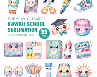 Kawaii School Stickers: 33 PNG Clipart, Pastel School Supplies (Digital Download Bundle)