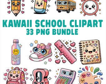 Kawaii School Supplies Clipart | 33 PNG Stickers (Digital Download)