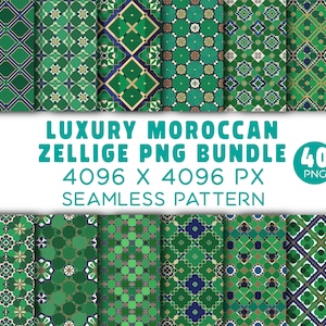 Könnte beinhalten: Eine Sammlung grüner und blauer marokkanischer Zellige-Nahtlosmuster. Die Muster zeigen geometrische Designs mit verschiedenen Formen und Anordnungen. Der Text "LUXURY MOROCCAN ZELLIGE PNG BUNDLE" wird zusammen mit den Abmessungen und der Anzahl der PNG-Dateien angezeigt.