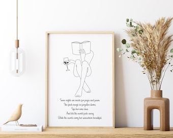 Girl Reading Wine Line Art Print: Minimalist Book Lover Decor (Digital Download