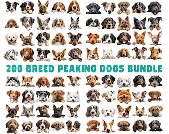 May include: A collection of various dog breeds, each peeking over a white surface. The image features a variety of colors and patterns, with the text "200 BREED PEAKING DOGS BUNDLE" in teal.