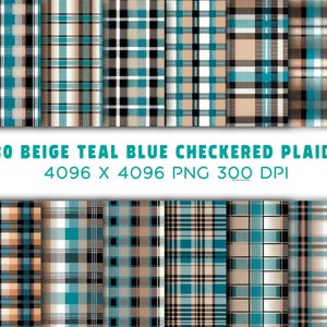 Puede incluir: Una colección de 30 patrones a cuadros beige, turquesa y azul. Los patrones están dispuestos en una cuadrícula, mostrando varias combinaciones de colores y diseños. El texto en la parte inferior dice "30 BEIGE TEAL BLUE CHECKERED PLAID 4096 X 4096 PNG 300 DPI."