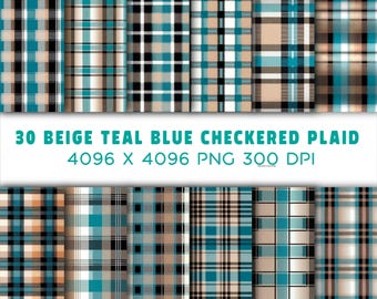 30 Seamless Plaid Digital Papers, Beige Teal Tartan Textile Patterns (Digital Download)