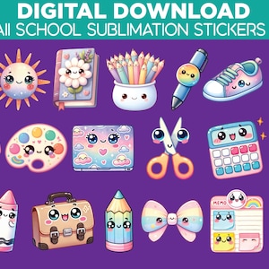 Kawaii School Stickers: 33 PNG Clipart, Pastel School Supplies (Digital Download Bundle)