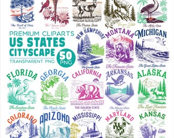 Könnte beinhalten: Eine Sammlung von 20 US-Bundesstaaten-Stadtlandschafts-Clip-Art-Designs. Jedes Design zeigt Staatsnamen, Wahrzeichen und den Spitznamen des Staates. Die Designs sind im Vintage-Stil mit transparentem PNG-Hintergrund.