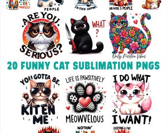 Pacote com 20 frases engraçadas de gatos para sublimação em PNG, frases sarcásticas sobre gatos, humor felino em PNG para camisetas, canecas e copos.