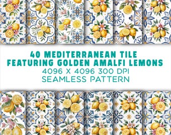 Mediterranean Tile PNG Bundle, Amalfi Coast Lemons, Watercolor Seamless Patterns (Digital Download)