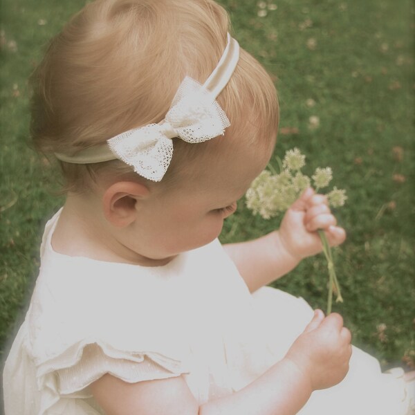 Amber Ivory Silk, Tulle and Lace Bow Baby Christening Headband, Flower Girl Headband