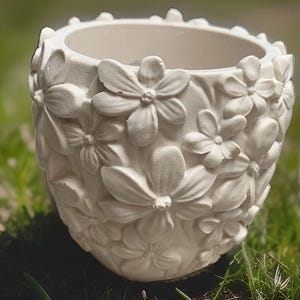 May include: A white, rounded planter featuring a raised, three-dimensional floral relief pattern covering the entire exterior surface. The vessel has a smooth, matte finish and a wide, open circular top rim with a scalloped edge design.