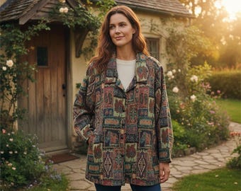 Jaqueta feminina White Stag Plus Tapestry, tamanhos 26W e 28W, estilo boho com estampa de elefante e paisley em várias cores.