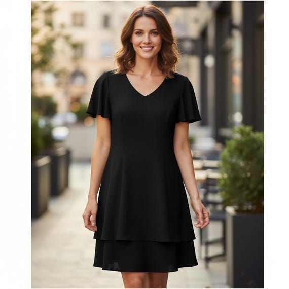 Randi May Collection Black Dress Layered Flutter Sleeve Size 16 Made in  Canada - Etsy
