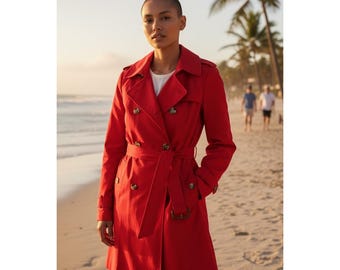 Calvin Klein Women Red Double Breasted Belted Trench Coat XL Vintage