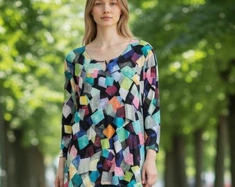 Alfred Dunner Womens XL Multicolor Geometric Patchwork 3/4 Sleeve Tunic Top