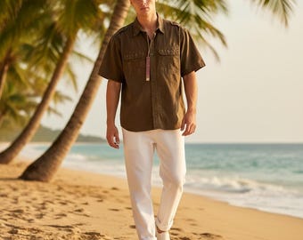 Surplus Raw Vintage Men's Washed Brown Cotton Short Sleeve Button Up Shirt XXL