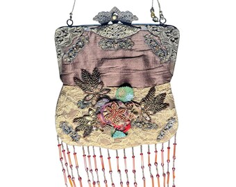 Vintage Wayne M. Klespi Perlen Abendtasche Clutch Geldbörse Floral Verschönerte Party