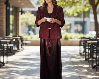 Alex Evenings - Conjunto de 2 piezas de chaqueta y vestido en jacquard metalizado burdeos para mujer, talla 14