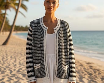 Talbots Black White Striped Knit Open Front Fringe Cardigan Sweater Women's L