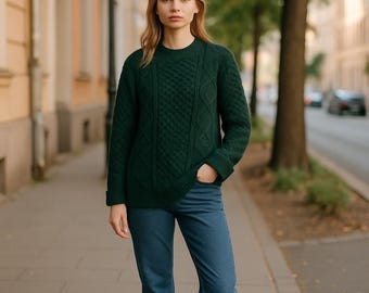 Limitierte Amerika Hand stricken Vintage Wolle Zopfmuster Pullover Smaragd Grün Smaragd Grün S