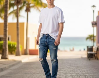 American Eagle Original Straight Distressed Jeans para hombre, talla 36x30, mezclilla azul, modelo 5872