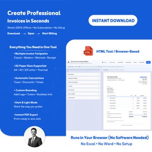 May include: A blue and white graphic promoting a browser-based invoice tool. The text reads "Create Professional Invoices in Seconds" and highlights features like offline use, multiple templates, and instant PDF export. A man in a suit is at the bottom.