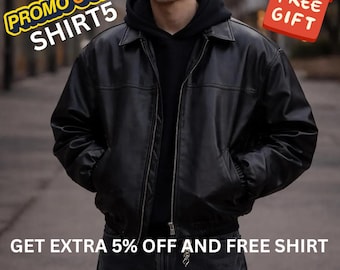 Handmade Vintage Black Leather Bomber Jacket for Mens 90s Retro