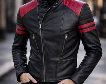 Ropa de motociclista negra y roja para hombre y mujer, estilo corredor, corte ajustado.