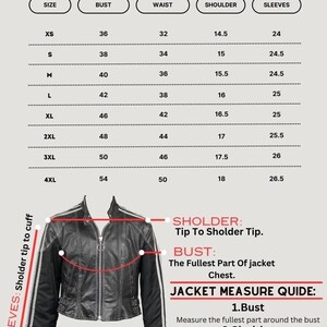 May include: A women's size chart with measurements for bust, waist, shoulder, and sleeves. Includes a black leather jacket with measurement guide: bust, shoulder, and full arm length. Sizes range from XS to 4XL.