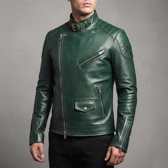 Men's Green Sheepskin Leather Biker Cafe Racer Jacket, Handcrafted Slim Fit