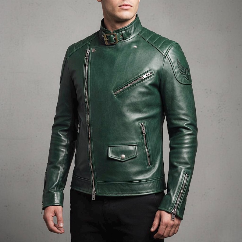 Deep green genuine leather biker jacket for men, featuring asymmetrical zip, stand-up collar with buckle, quilted shoulder panels, zippered cuffs, functional pockets, and embroidered wing patch – stylish and handcrafted motorcycle outerwear.