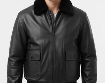 Bomber da aviatore unisex blu navy G-1, cappotto da aviatore in vera pelle, capospalla militare USN per uomo e donna