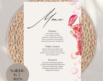 May include: A menu card with a lobster illustration and the word "Menu" in elegant script. The menu lists a starter, main course, and dessert. The card is on a woven placemat and available in two sizes.