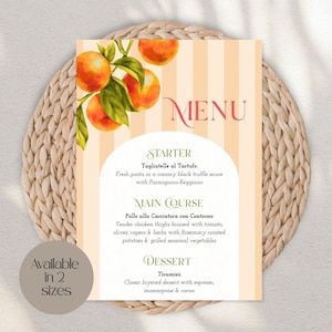May include: A menu card with a watercolor illustration of oranges and leaves. The menu features a striped background with the word "MENU" in a script font. The menu lists starters, main courses, and desserts.