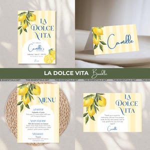 May include: A bundle of stationery items with a lemon theme. Includes a party invitation, place card, menu, and thank you card. Each item features yellow and white stripes, lemon illustrations, and the text "La Dolce Vita."